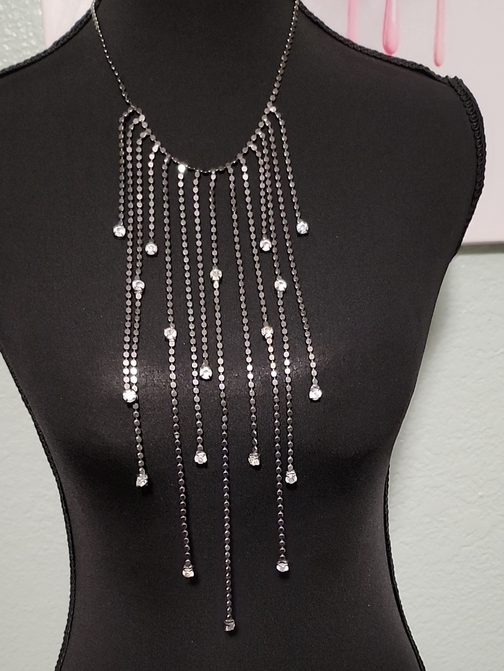 Silver-Tone Fringe Necklace with Clear Crystal Drops